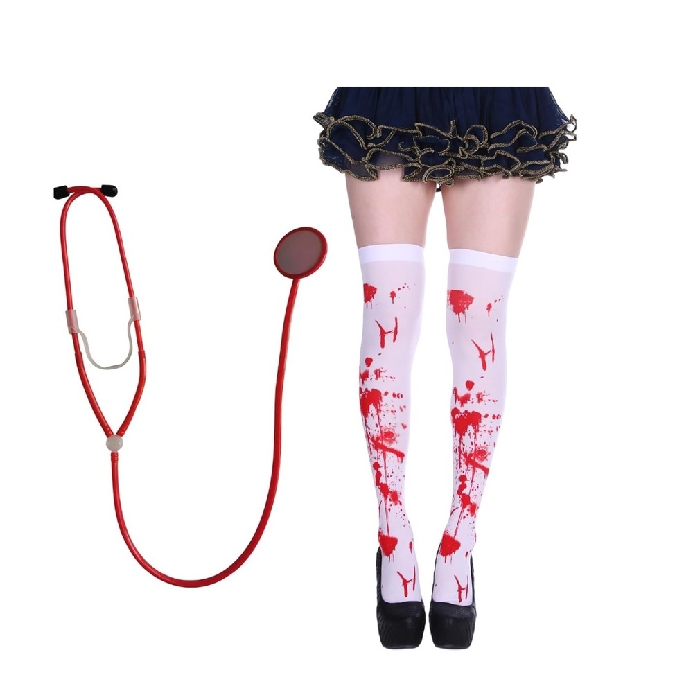 Bloody Nurse Halloween Costume Stethoscope & Blood Splatter Stockings Set
